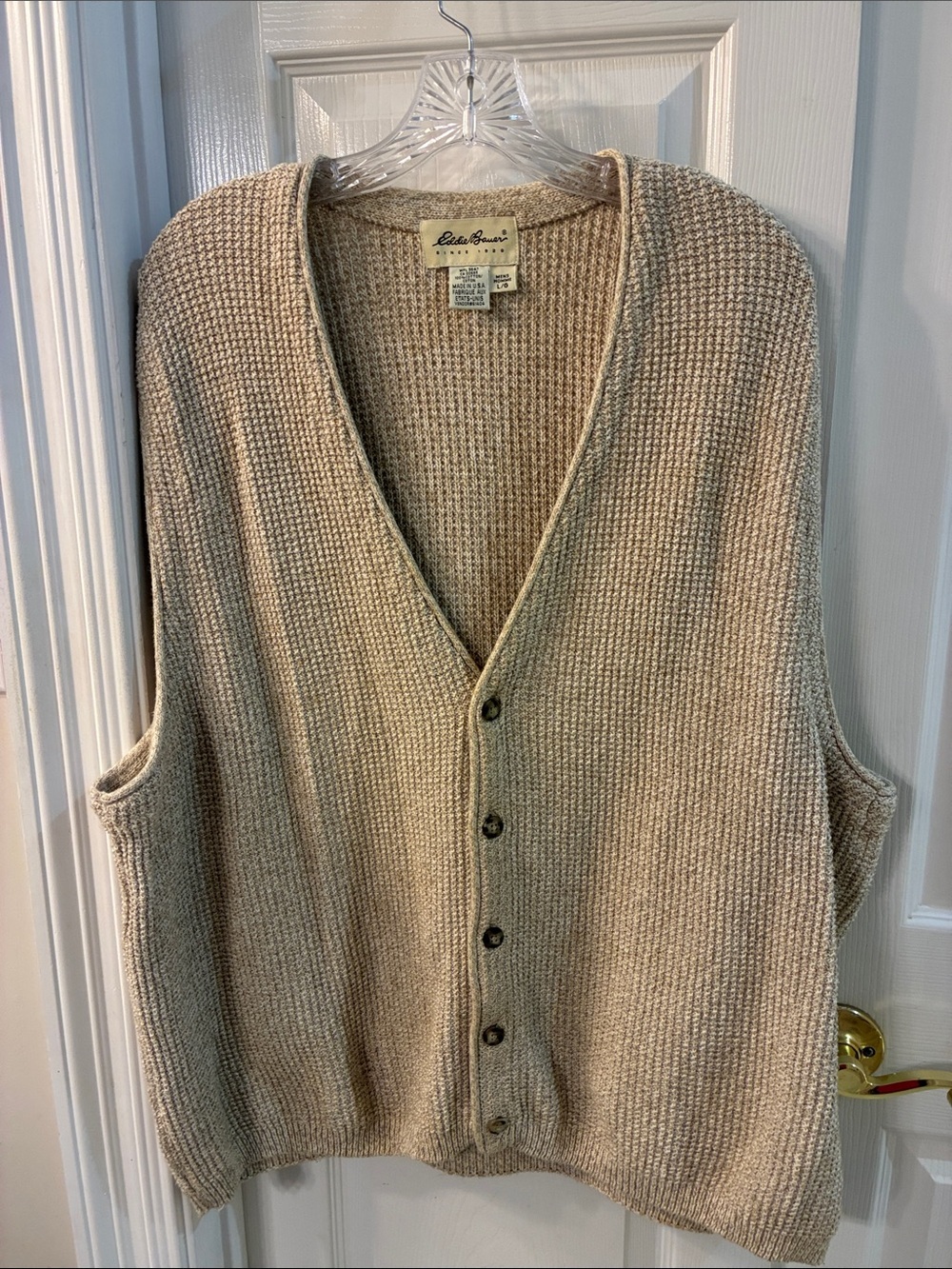 Vintage Eddie Bauer Oatmeal Cotton USA Made  Button-Front Sweater Vest SZ L